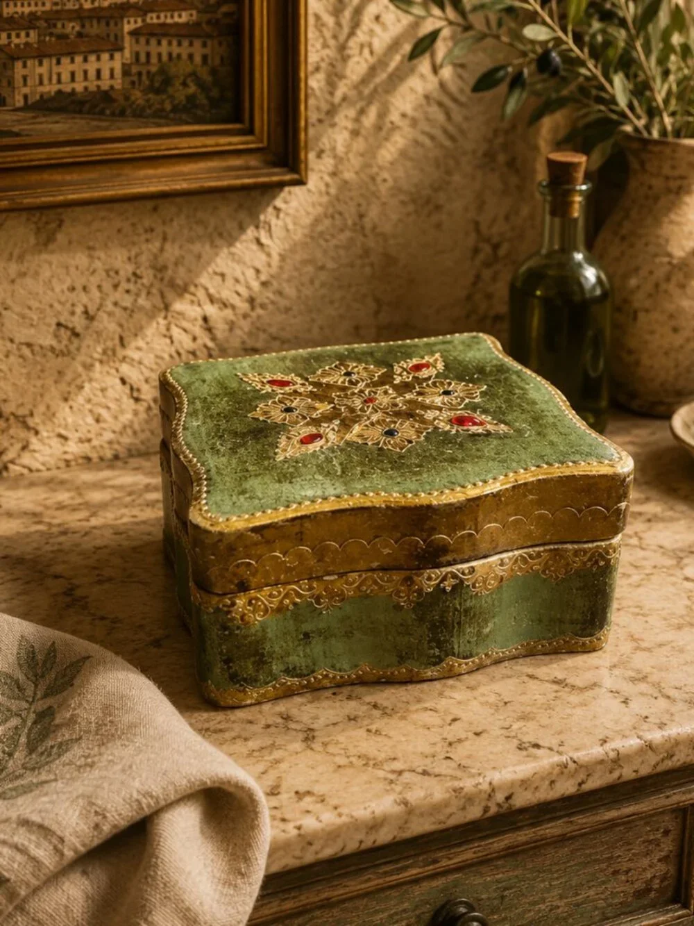 Vintage Italian Florentine Gold Leaf Gilt Hand-Painted Carved Wooden Jewelry Box